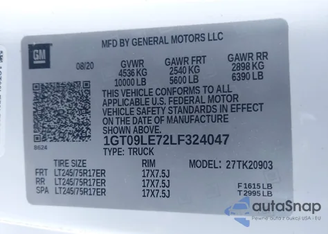 2020 GMC Sierra 2500Hd 4Wd Long Bed z USA, uszkodzony, nr VIN 1GT09LE72LF324047